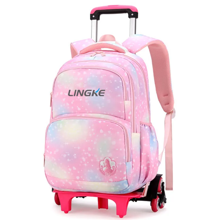 Trolley School Bag with Six Wheels Fashionable School Trolley Bag For Girls Easy Climb Stairs School Bag With Trolley