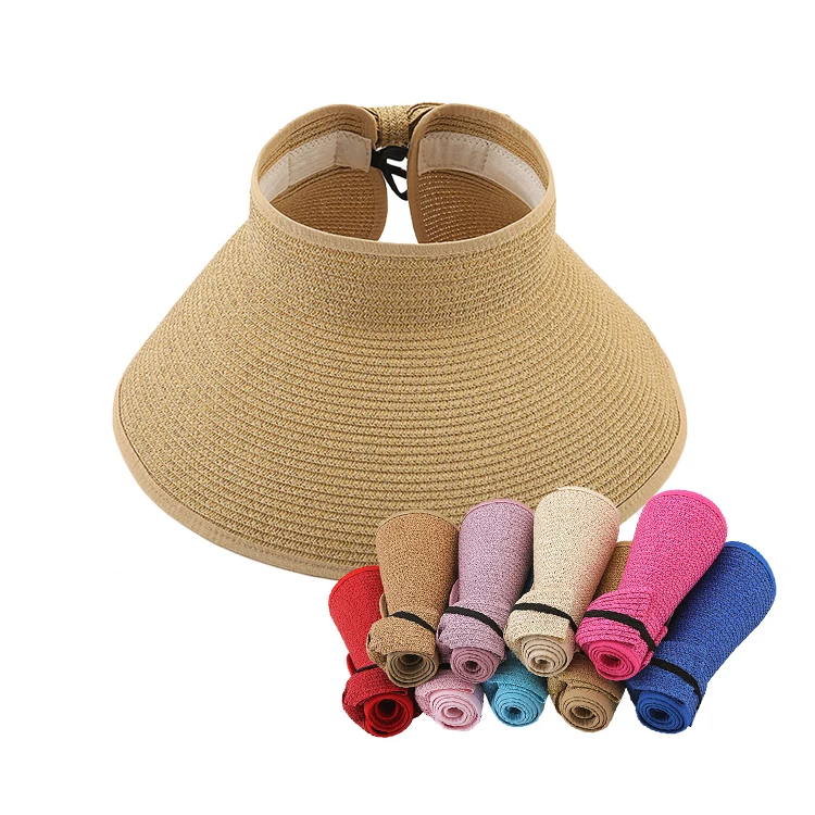 Women Portable Paper Straw Visor Hat Sun Beach Wide Brim Hat UV Protection Airtop Visor Foldable Straw Hats