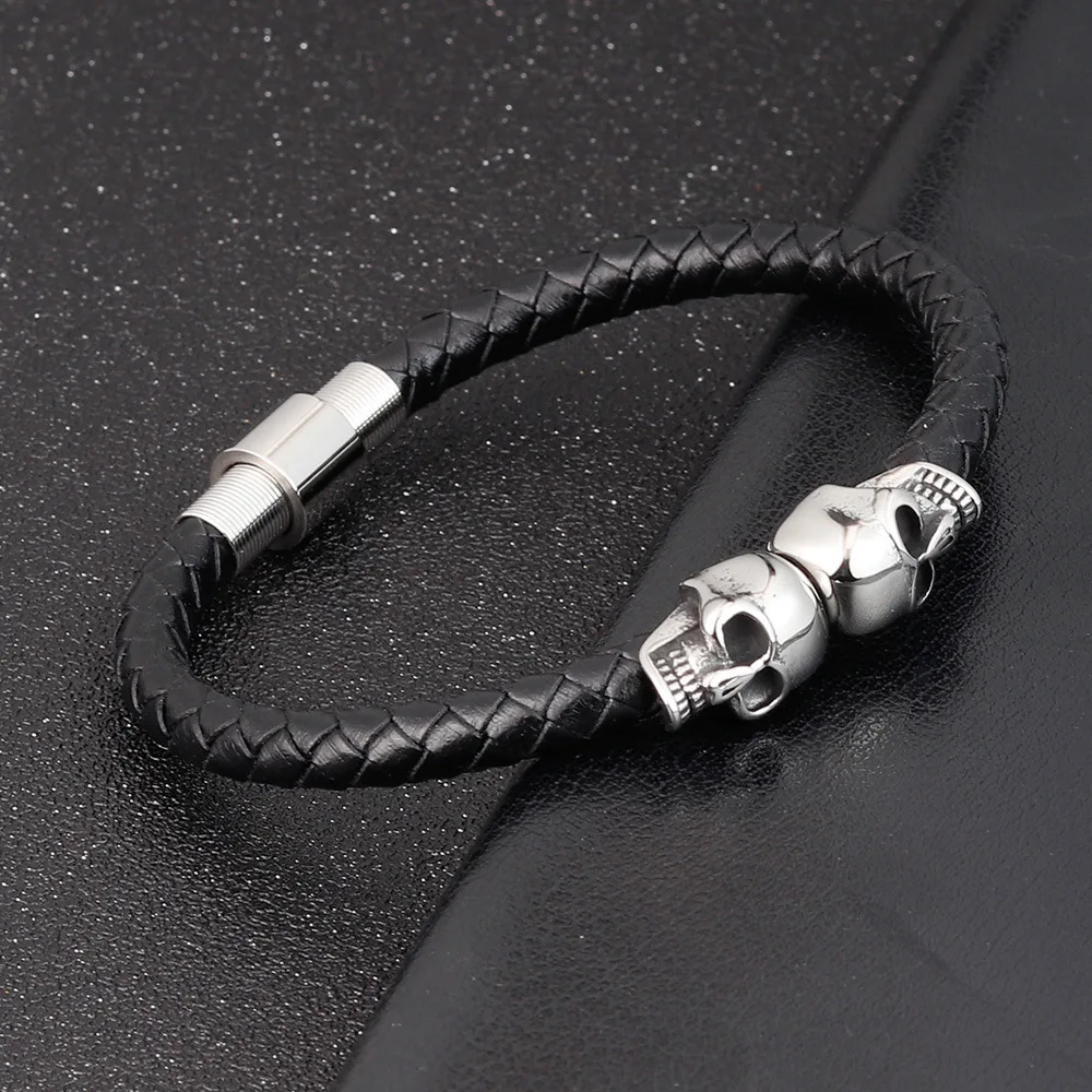 2021 Fashion Silver Stainless Steel Jewellery Skull Bracelet Natual Leather For Men Wholesale