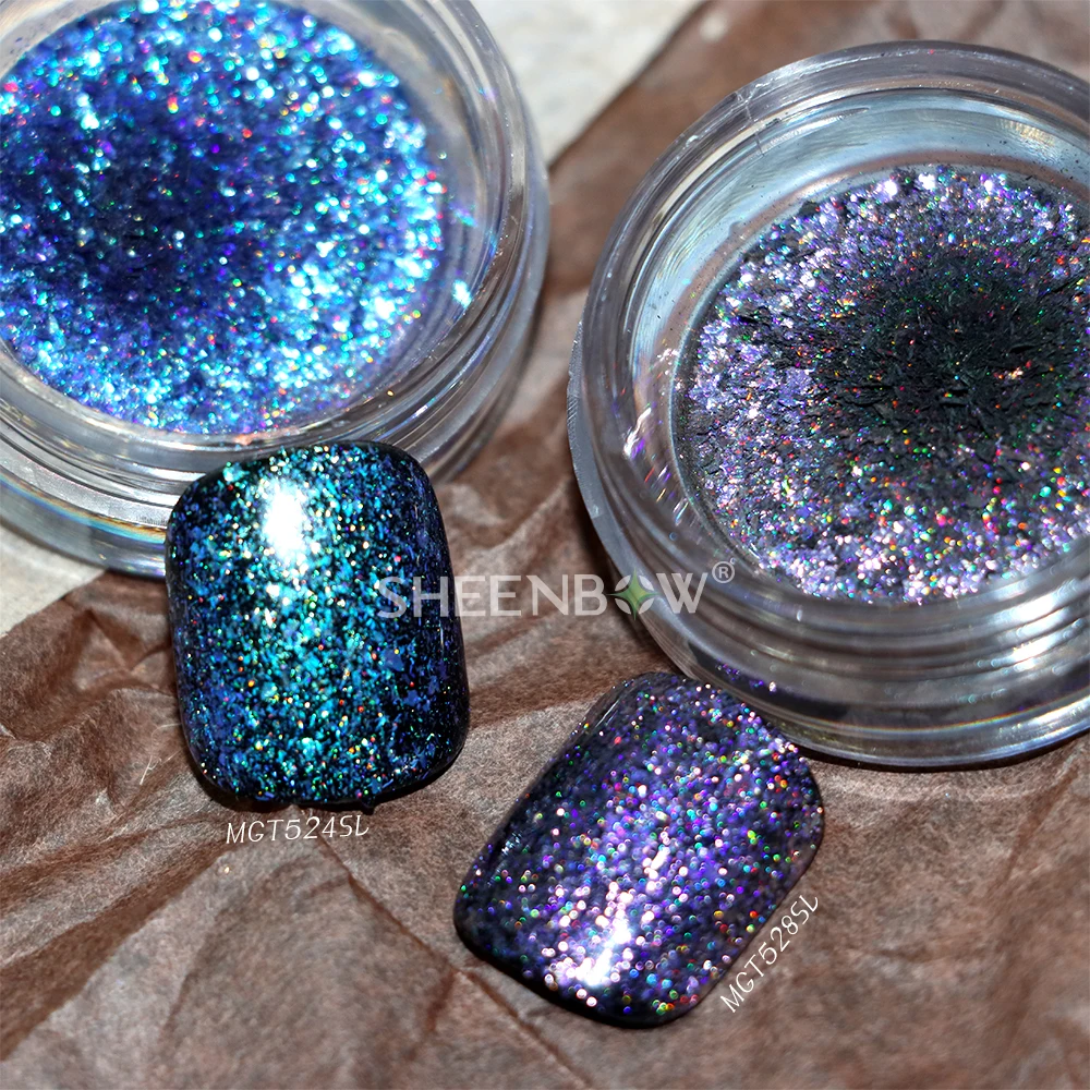 Sheenbow Pearlescent Magnetic Cat Eye Shiny 3D Colour Holographic Rainbow Nail Art Blue Purple Shimmer Flakes Pigment
