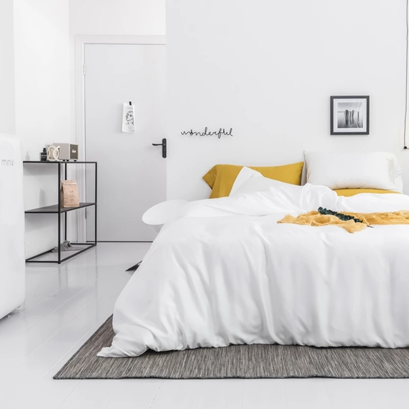 Hot Sale Luxury 60S Tencel  4 PCS Bedding Sets Bamboo Sheets Solid Color Duvet Cover Set White Bed Linen