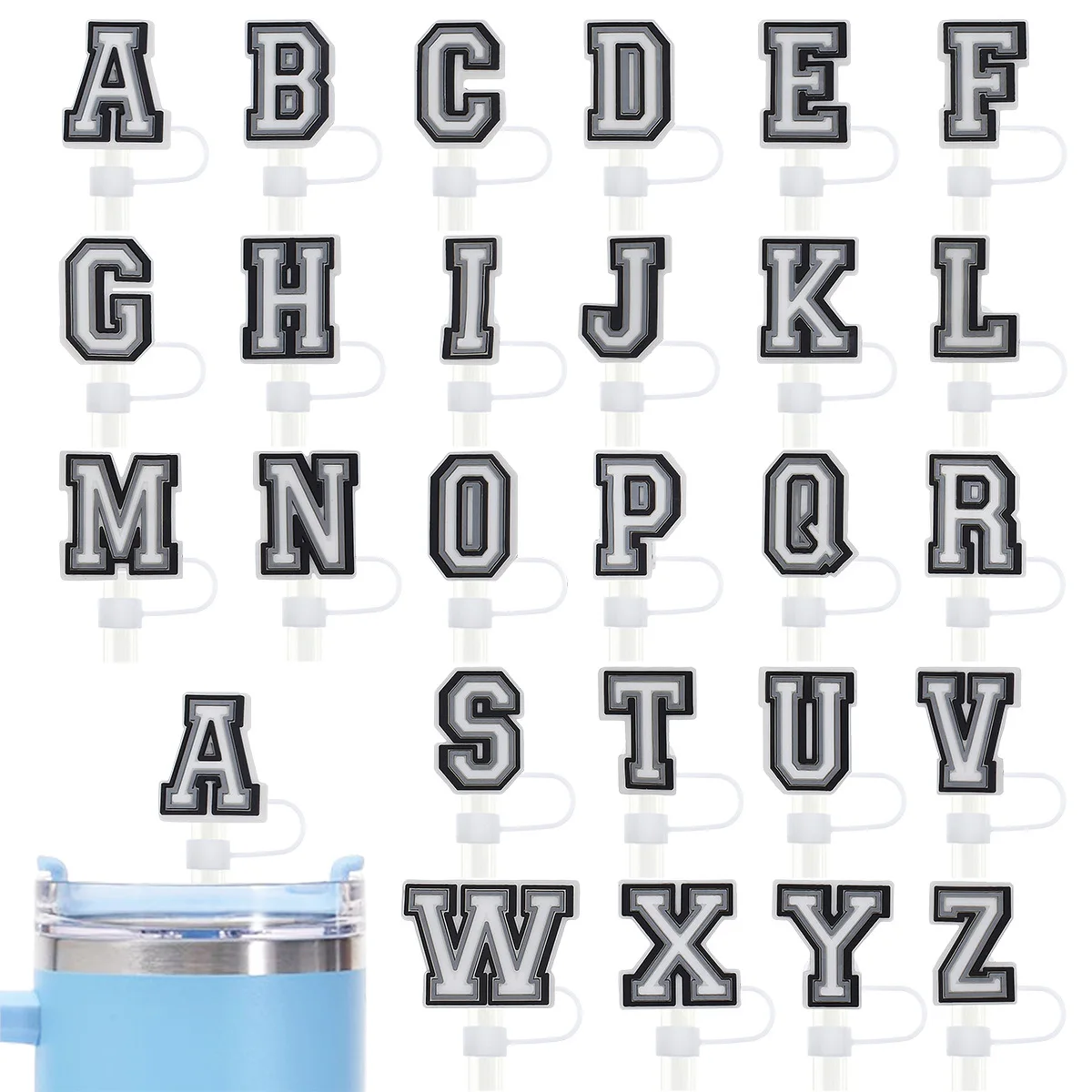 10mm Silicone Straw Covers Topper Lid Screw Cap Without Straw Alphabet A-Z Shaped Reusable Straw Cover Cap for Stanley Cup