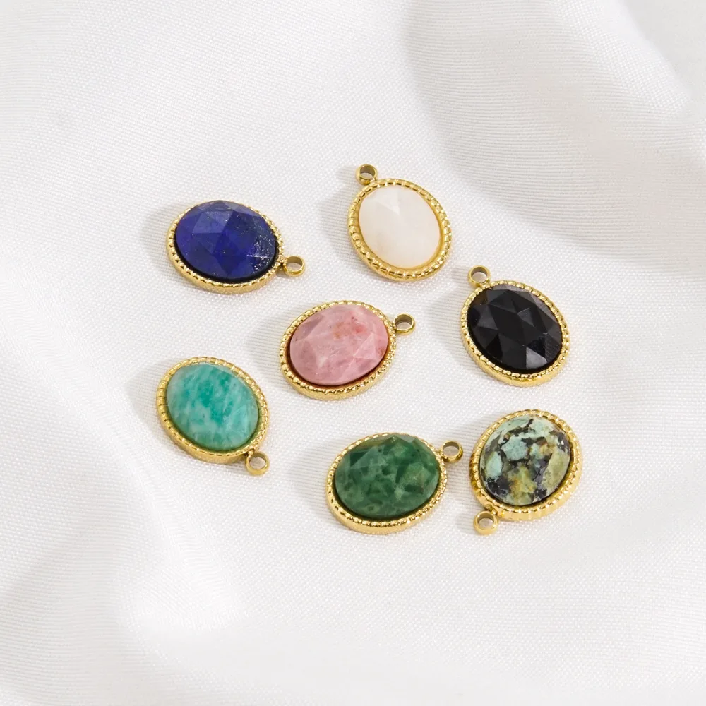 10.5*15mm Healing Natural Stone Pendant Stainless Steel 14K Gold Vacuum Plated Oval Pendants & Charms DIY Jewelry Making