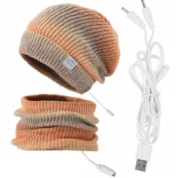 Soft Lined Knitted Winter Warm Ski Beanies USB Heated Hat and Scarf Set Neck Warmer for Men Women