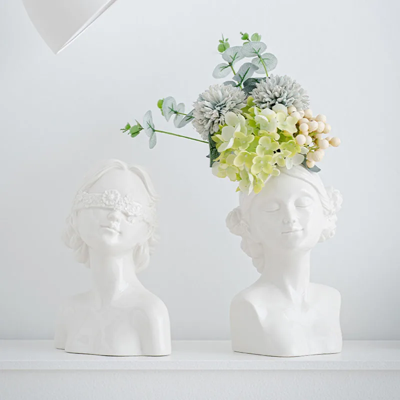 White Ceramic Face Vase, Female Head Ceramic Flower Vase White Modern Decoration Plant Pot Container