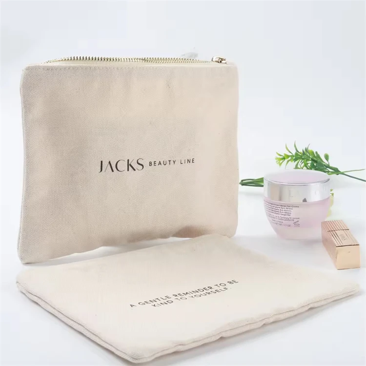 2024 Hot Sale Eco-Friendly Double Sided Cotton Canvas Makeup Bag Fashionable Zipper Accessory Pouch Case Travel Letter Cosmetic