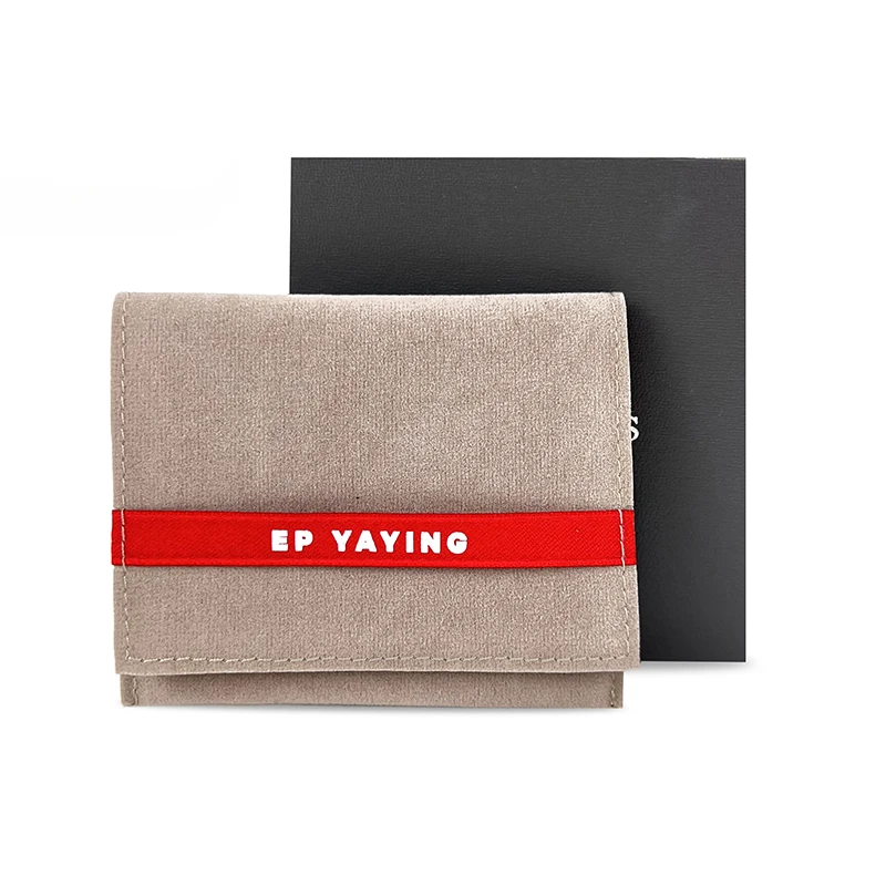 Custom printed logo flat small dark khaki velvet fabric envelope pouch bag for jewelry