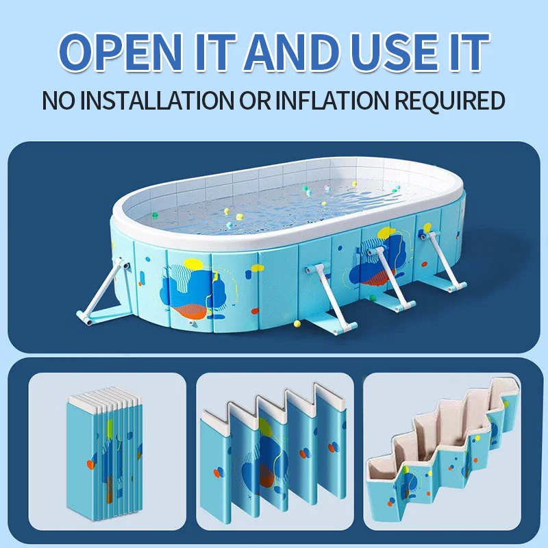 The new design of the blue range of no-inflatable pools Folds for storage and easy to use No worry about air leakage