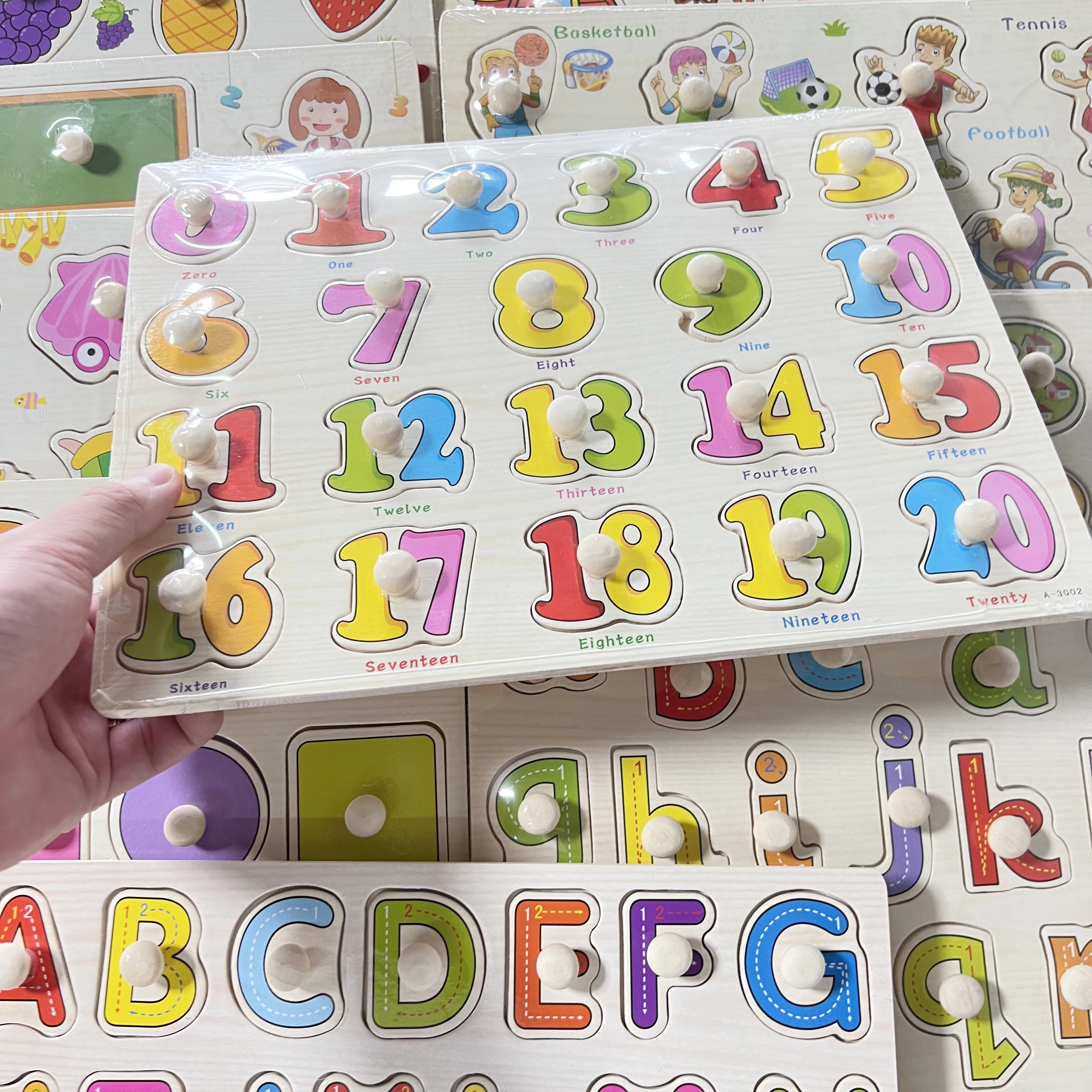 Montessori Wooden Alphanumeric & Animal Fruit Cognitive Puzzle Board Hand-Grasping Jigsaw Early Education Toys for Toddlers