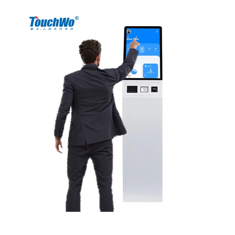 TouchWo supermarket hotel android nfc self check out service kiosks stand white registration termin info airport check in kiosk
