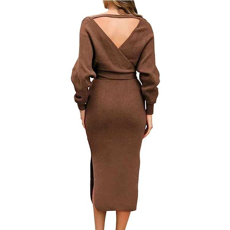 2022 Factory wholesale elegant v neck long sleeved backless rib women sweater dress wrap knit dress