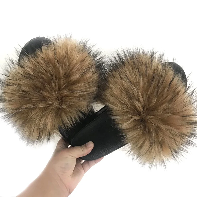 
Wholesale Custom Raccoon Fox Faux Fur Slides Slippers Women Fluffy Home Slippers Sandals Big Furry Fake Fur Slides For Woman 