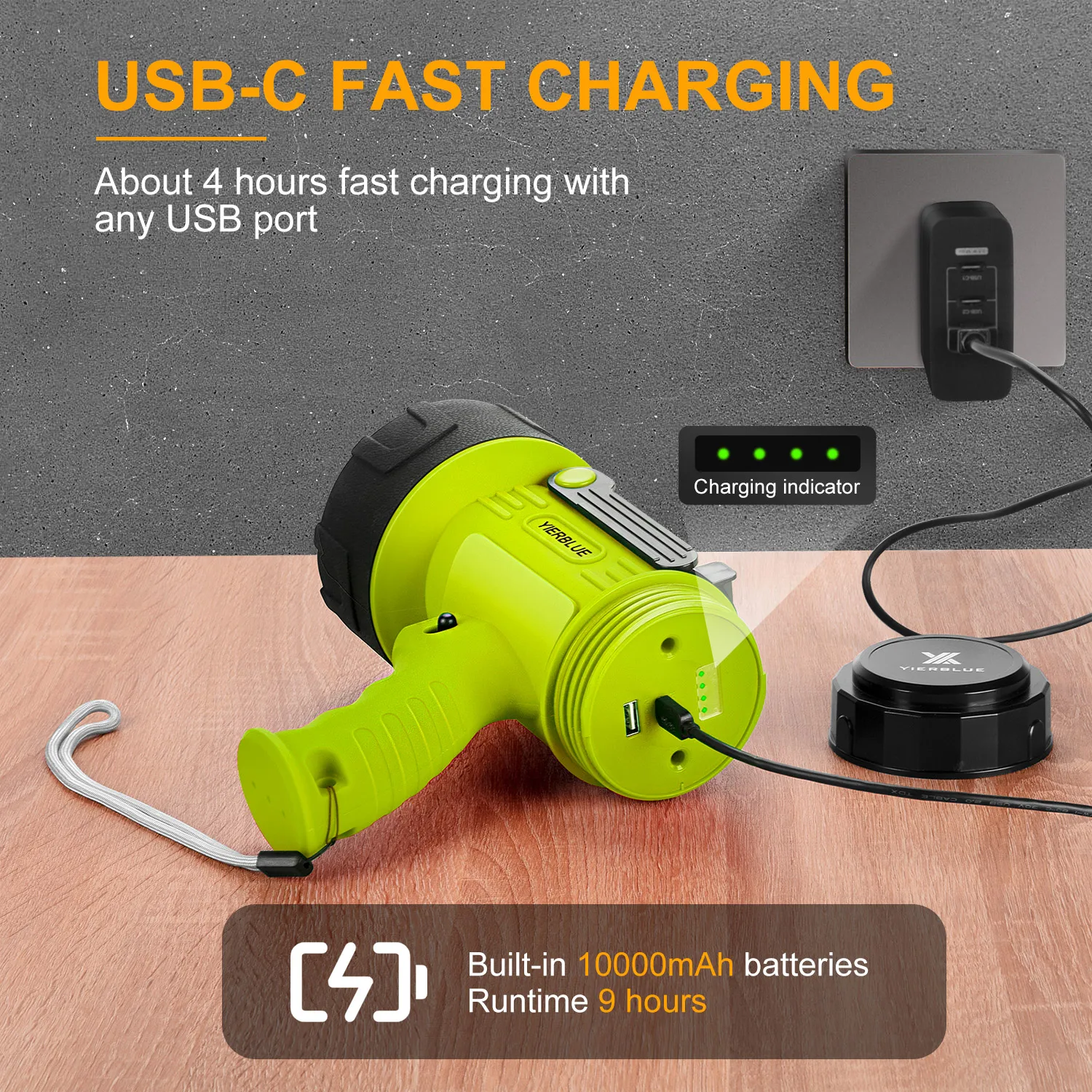 Super Bright High power Rechargeable Long Range wide view spotlight waterproof USB C Flashlight