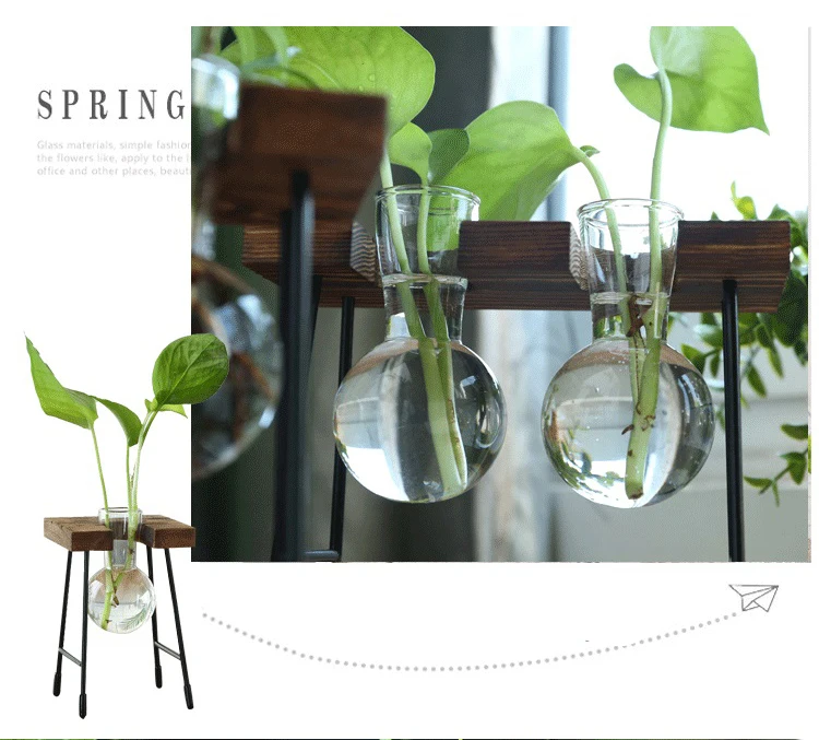 Indoor Wooden Air Glass Planter Terrarium with Stand Water Plant Propagation Stations for Bulb Vase for Wedding Decor