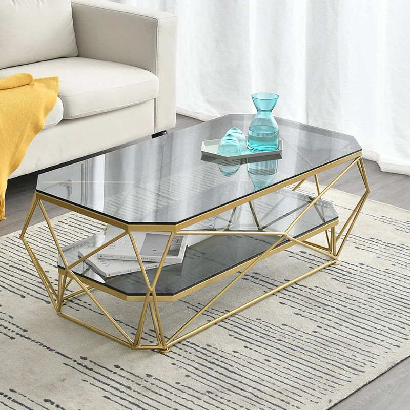 Simple Nordic living room rectangular iron marble creative fashion light indian wire metal glass coffee table