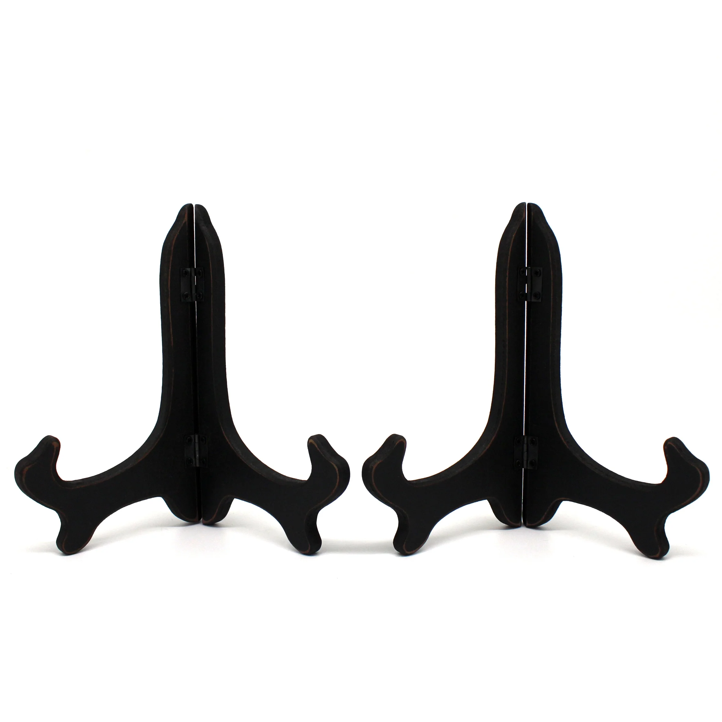 Vintage Distressed Black Decorative Wooden Plates Rack Wood Easels Holder Folding Display Stand Home Decor Art, 7 Inch, Set of 2