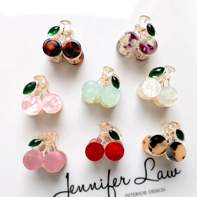GIRLIZE Girls Cute 2.5cm Mini Cherry Hair Clip Acetate Acrylic Small Fruit Rhinestones Hair Claw Clip For Women Thin Hair