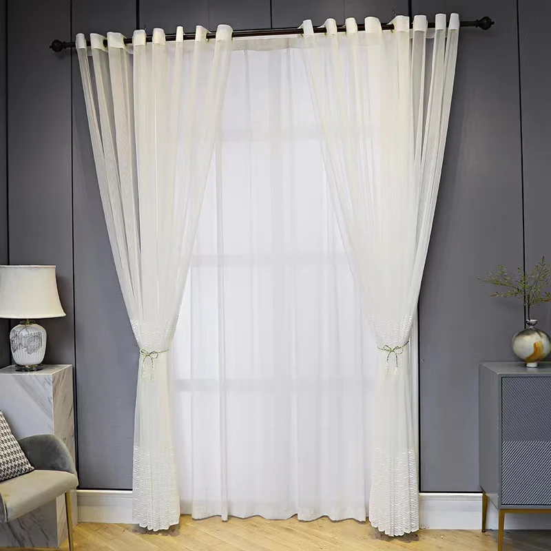 Simple and modern style printing white sheer embroidered voile curtain for bedroom living room