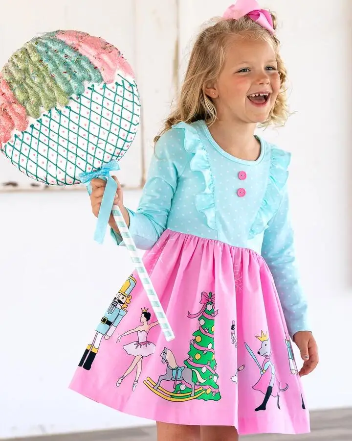 Christmas Nutcracker Ballet print pink girls dress cute boutique kids dresses