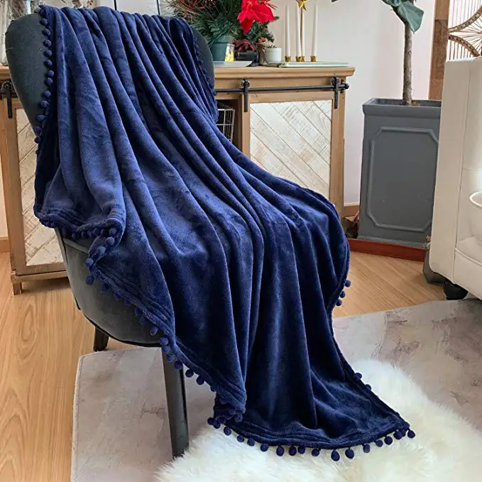 Luxury Microfiber Throw ball Tassel  Blanket Cozy Flannel Blanket with Pompom Tassel