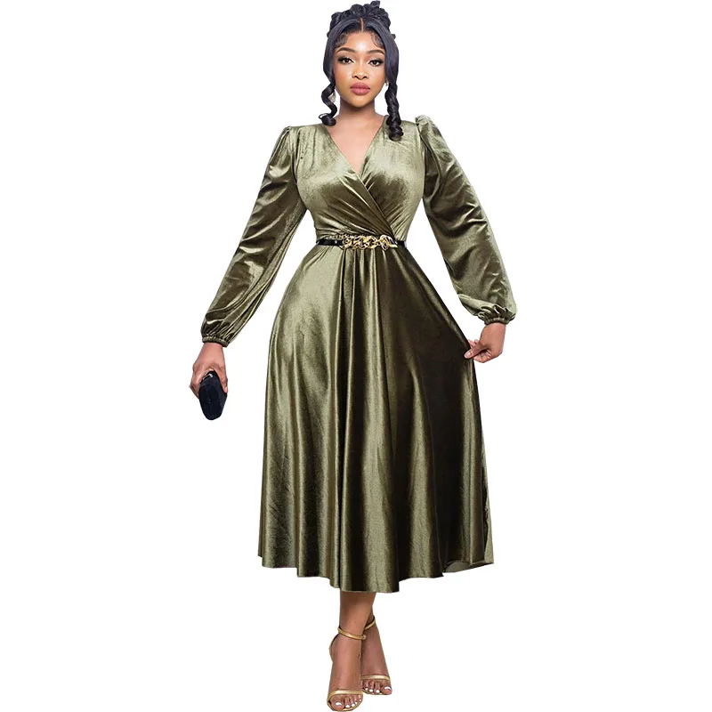 2023 Velvet Elegant Formal Party Dresses For Women Fashion Female V Neck Long Sleeve Vintage Solid Mid Dress Come With Belt