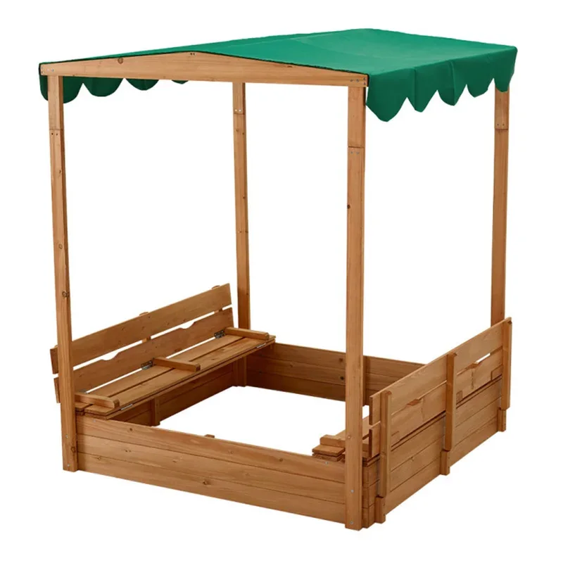 Outdoor Wooden Sandbox with Cover for Kids Cabana Sandbox with Adjustable Canopy Foldable Bench Seats for Backyard Lawn Garden