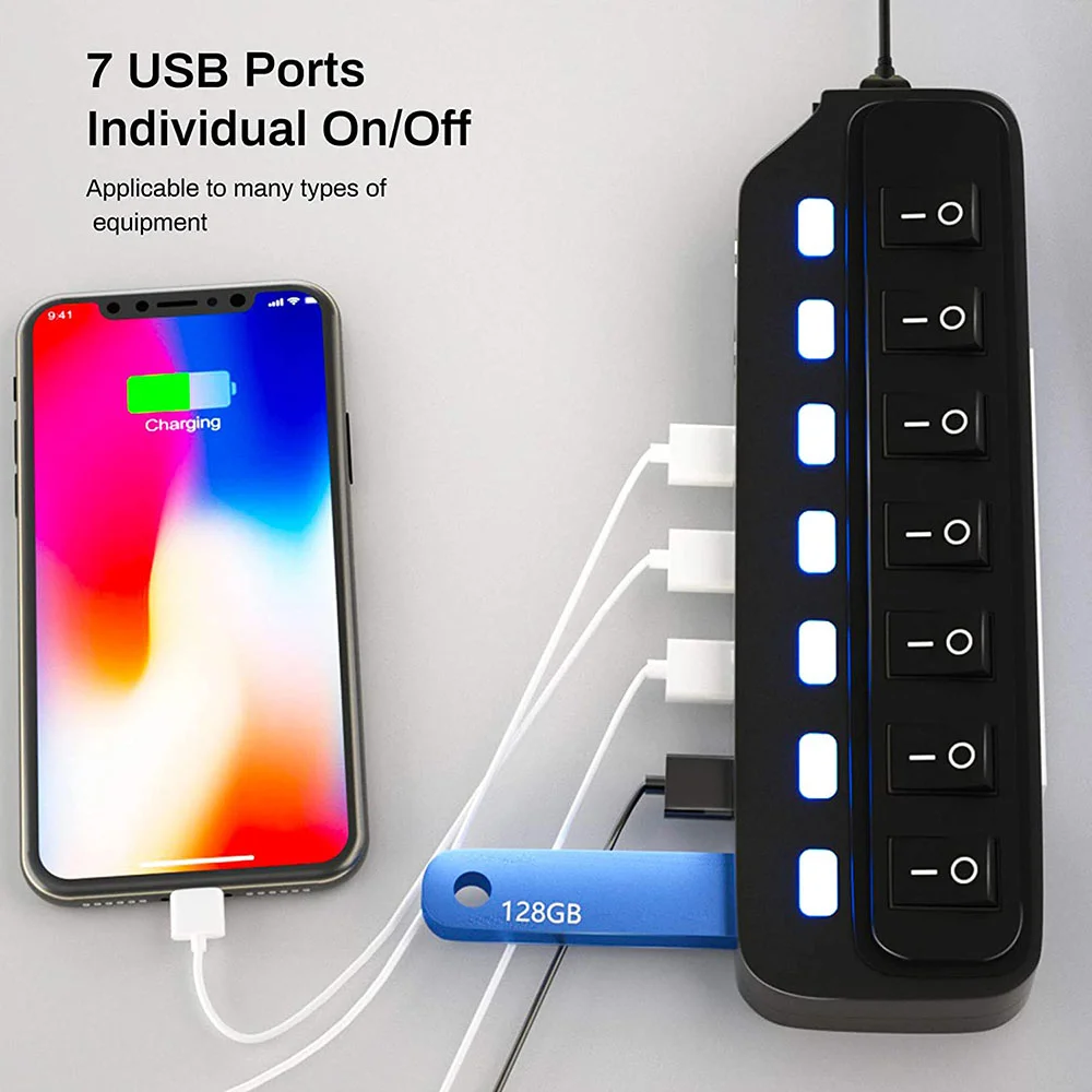 High Quality Multi Port USB Splitter 7 Ports Usb 2.0 7 In 1 USB-C Pd HUB With High Speed ON OFF Light Switch