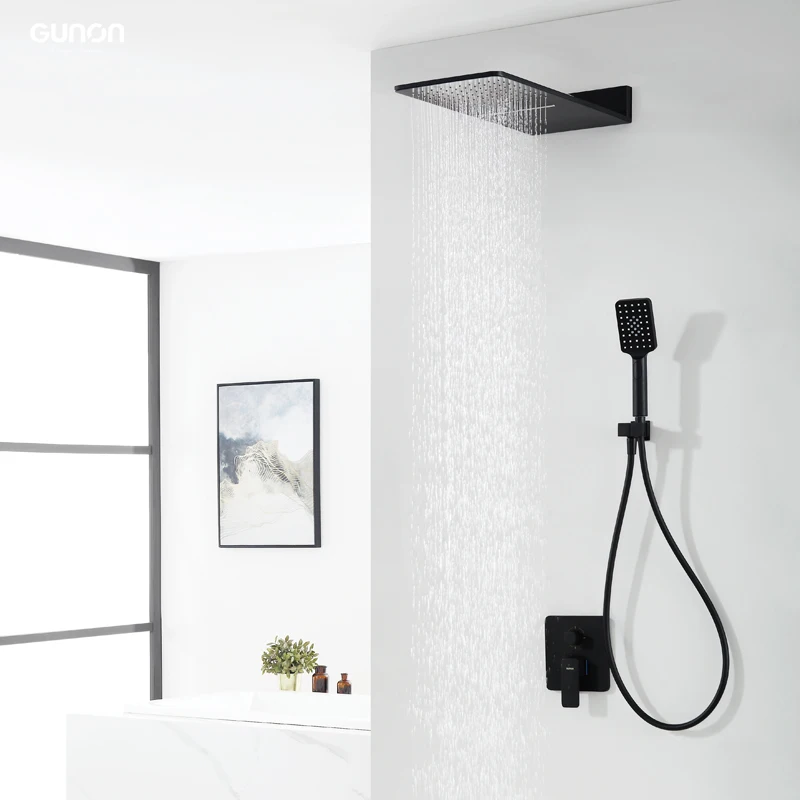 
New design square concealed thermostatic in wall shower faucet 2 handle 2 way overhead kit 