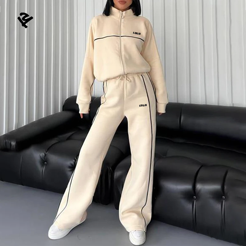 F240409 Custom Women Cropped Zip Up Sweatshirt Pants Two Pieces Set Tracksuit For Women Drop Shoulder Sweatsuit Set With Strip