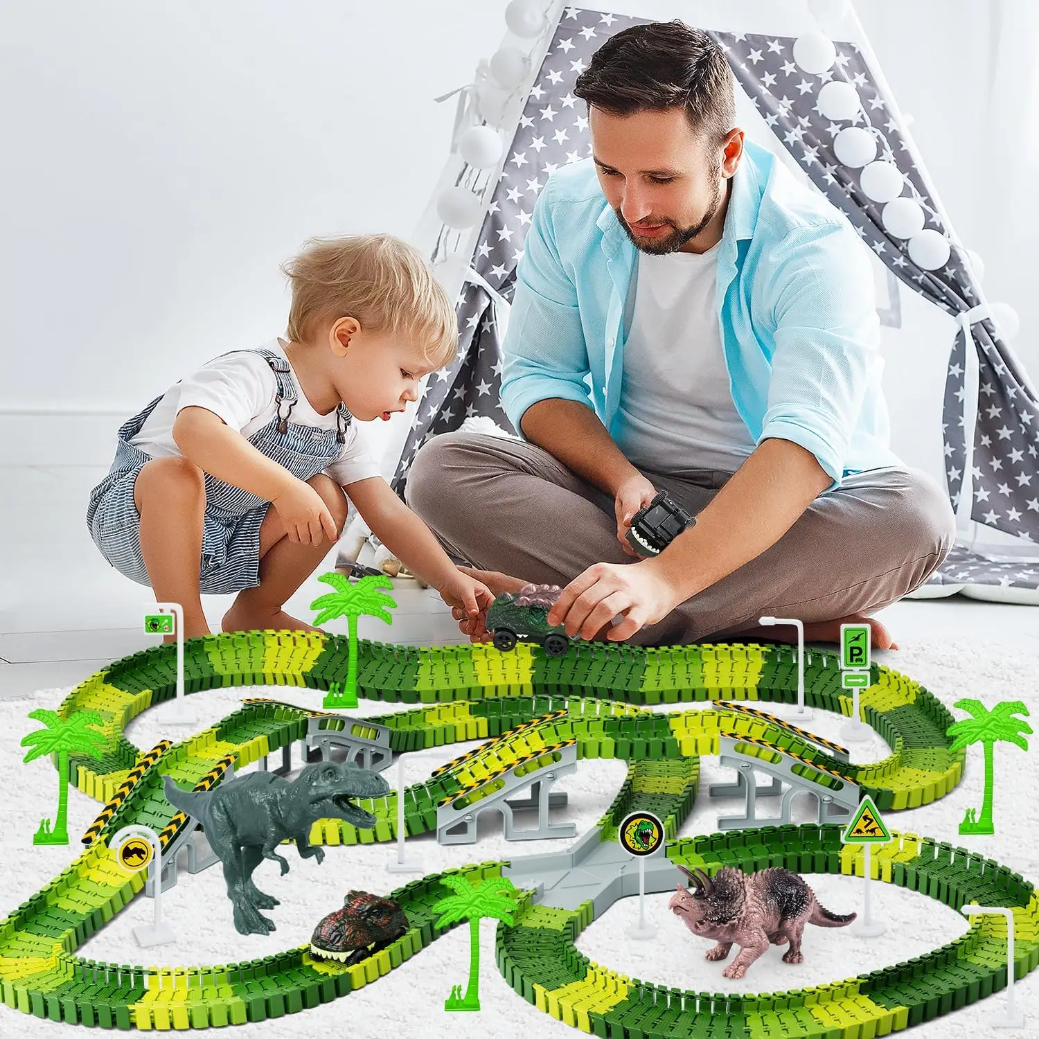 Dinosaur Toys 252pcs Create A Dinosaur World Road Race Flexible Track Play set and 2 pcs Cool Dinosaur car for Boys Girls