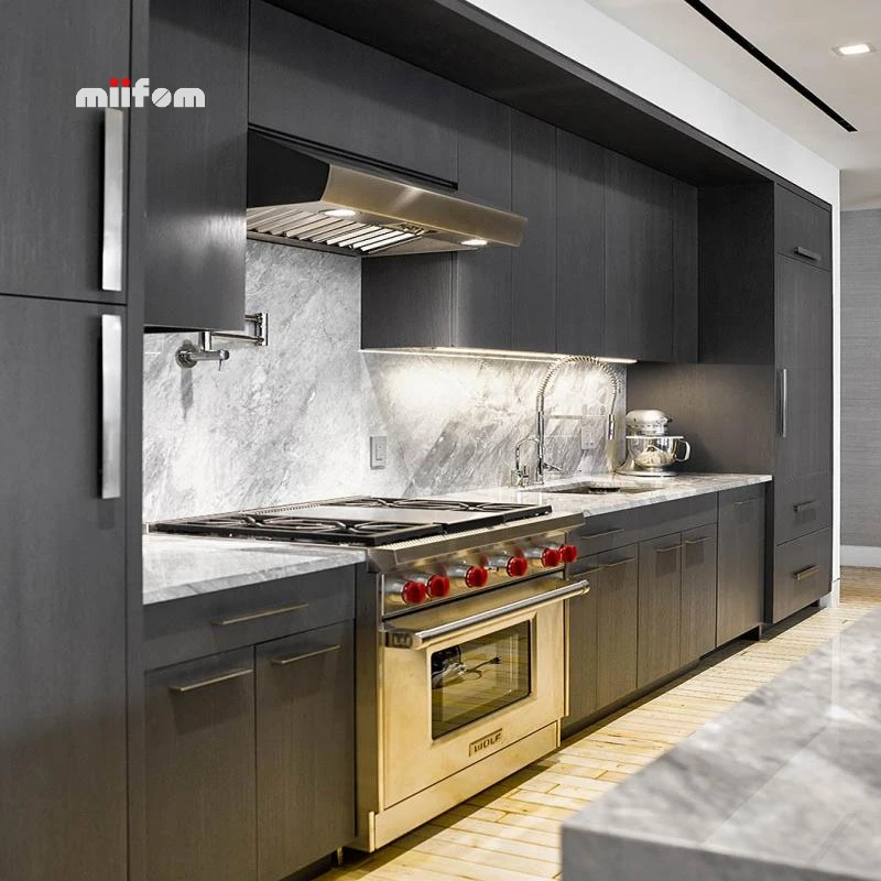 modern industrial style black wood grain floor to celling smart kitchen cabinet with handles