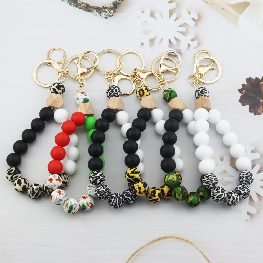 2021 New Christmas Personalized Gift Car Key Ring Wooden And Silicone Bracelet Bangle Key Chain Leopard Print Bead Keychain