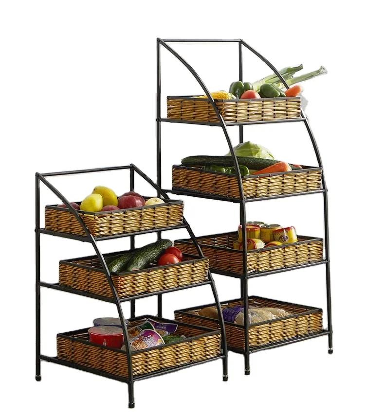Wooden fruit and vegetable display design rack metal fruit vegetable fruit display rack stand 4 layers racks large capacities