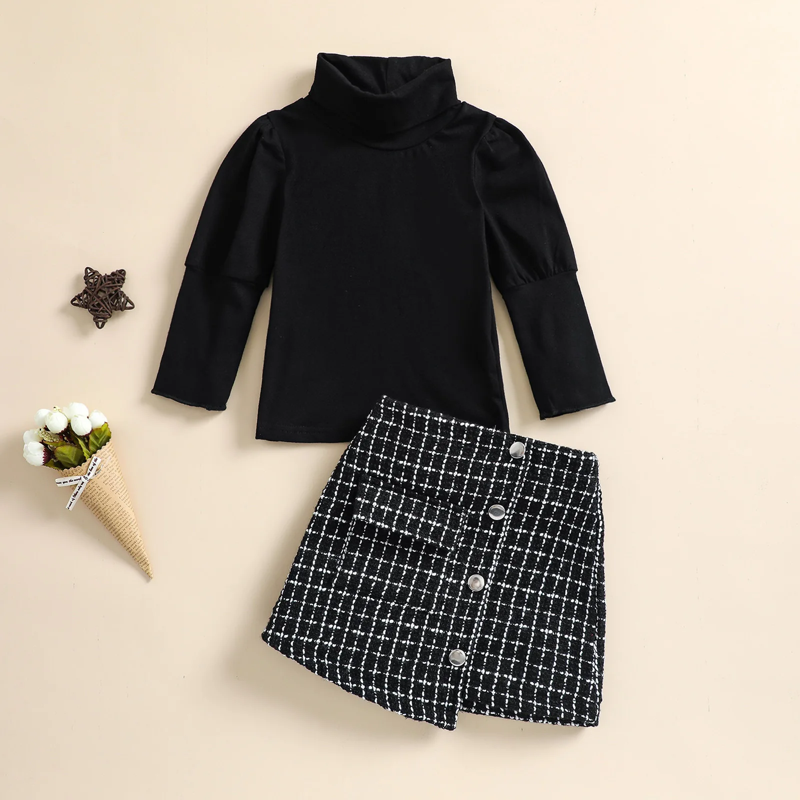 Korean 1-5Y Fashion Kid Girl 2pcs Clothes Set Black Knitted Turtleneck Long Sleeve Sweatshirt Top+Plaid Pleated Skirts Clothing