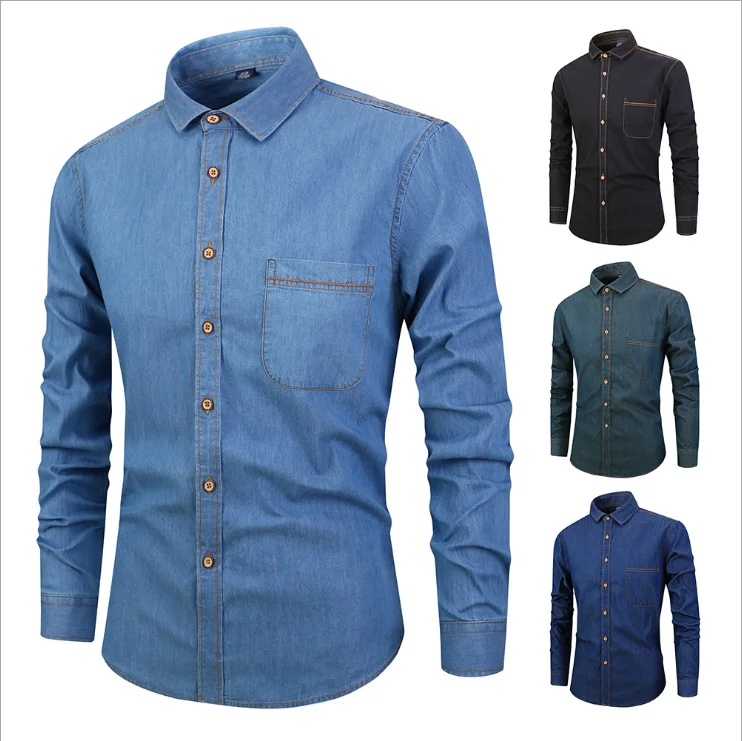 100% COTTON GAMENT WASHED MENS DENIM CASUAL SHIRTS WITH CONTRAST THREAD AND POCKET