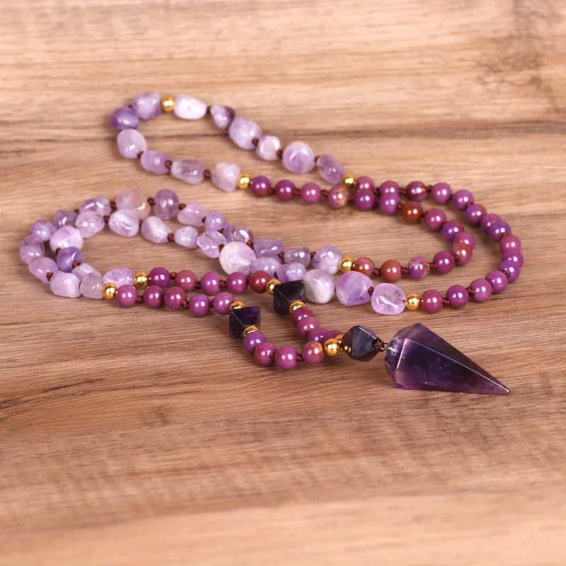 Natural Semi-Precious Gemstone Mala Necklace 108 Beaded Hand Knotted Amethyst Hexagonal Pendant Japamala Beaded Necklace  Women
