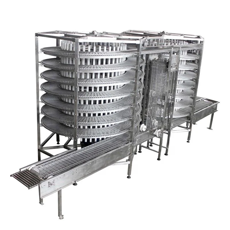 Double towers columns drums stainless steel  belt spiral cooling conveyor for bread pizza bread pita bread and cookies