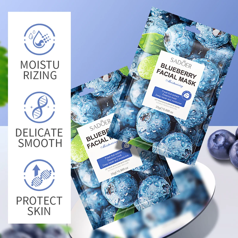 SADOER Korean Skin Care Facial Mask Green Lemon Kiwi Fruit Cherry Blueberry Coffee Vitamin C Whitening Moisturizing Face Mask