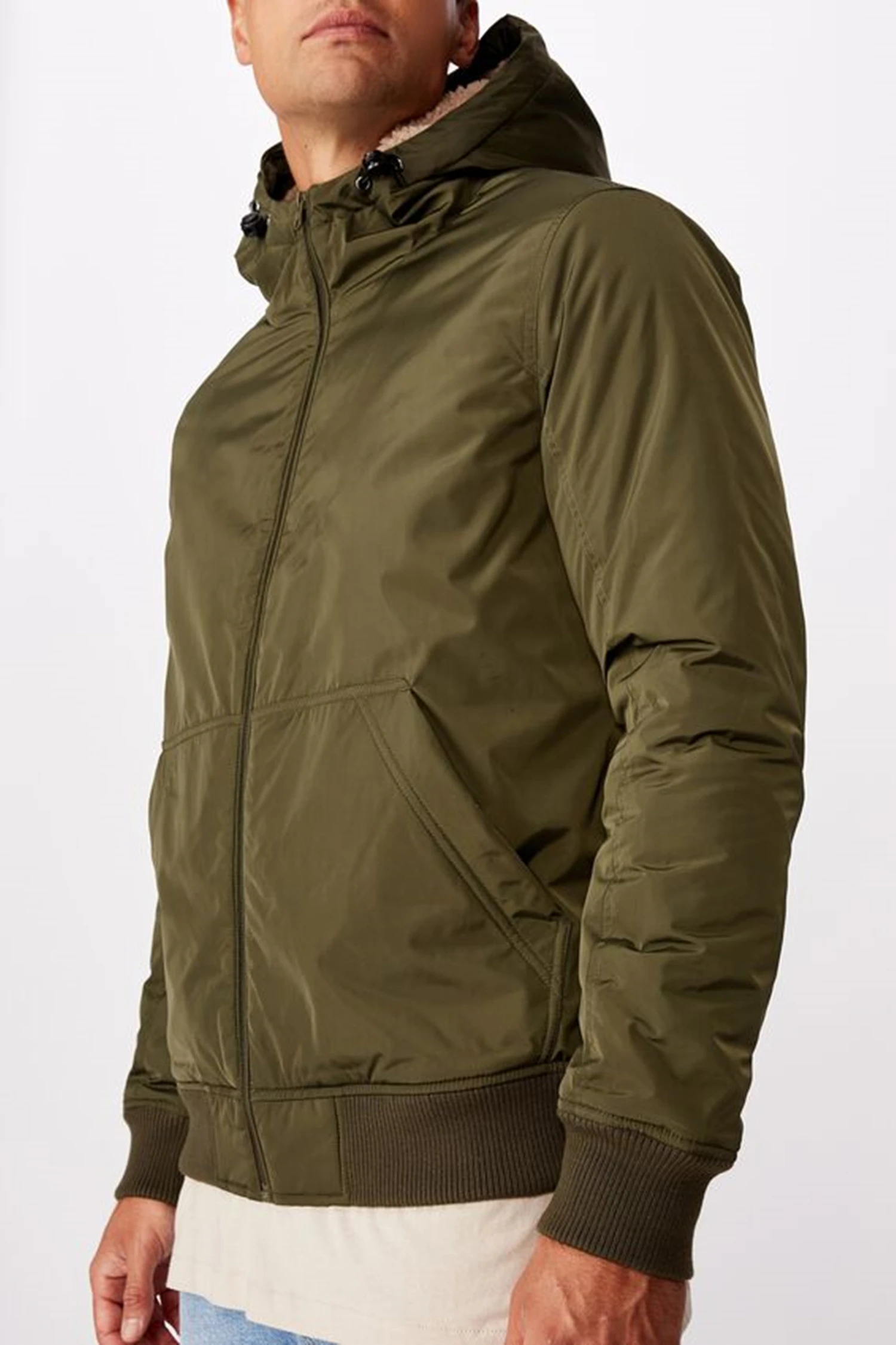 Custom green hooded polyester sherpa man jackets fleece faux fur bomber winter men coats