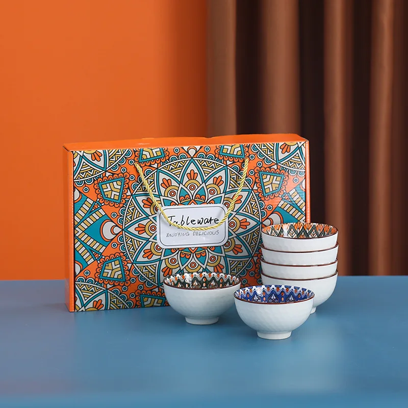 Wholesale Dinnerware Gift Set Colorful Printed Under Glazed 2 4 6 Pcs 4.5 Inch Porcelain Bol Bohemia Style Ceramic Bowl Set