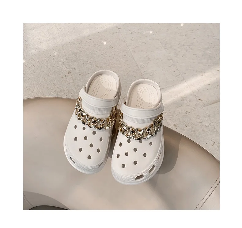 2021 Hot Sale High Quality Clear PVC Clogs With Diamonds Charms Cool Metal Chain Garden Shoes Custom Sandals With Logo