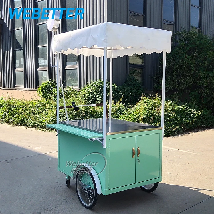 WEBETTER Hand Pushed Hamburgers Coffee Food Cart Outdoor Commercial Flower Coffee Cart with Umbrella