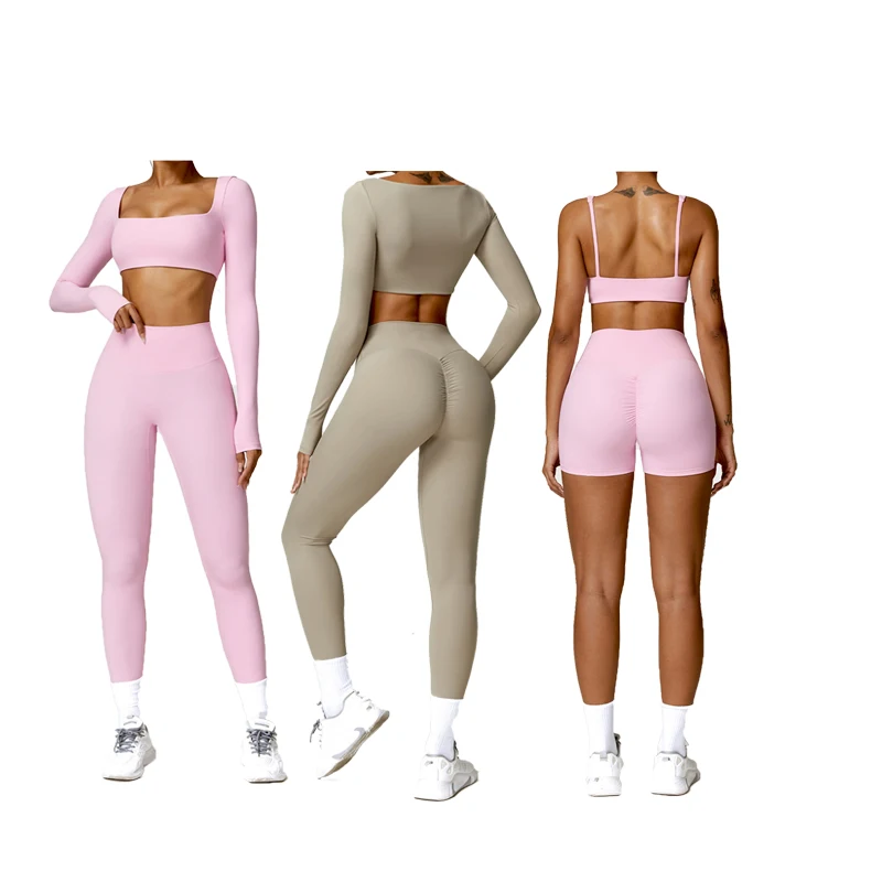 Yoke Wholesale Fitness Activewear Yoga Sets Long Sleeve Crop Top Butt Lifting Pants Gym Fitness Active Wear Workout Sets Women
