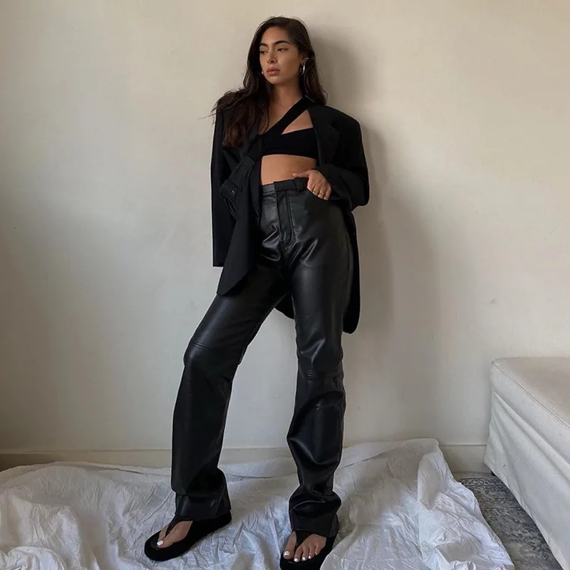 
Punk Fancy High Waist Adult Girls Long Black leather pants Motorcycle PU Faux Leather Pants For Women 