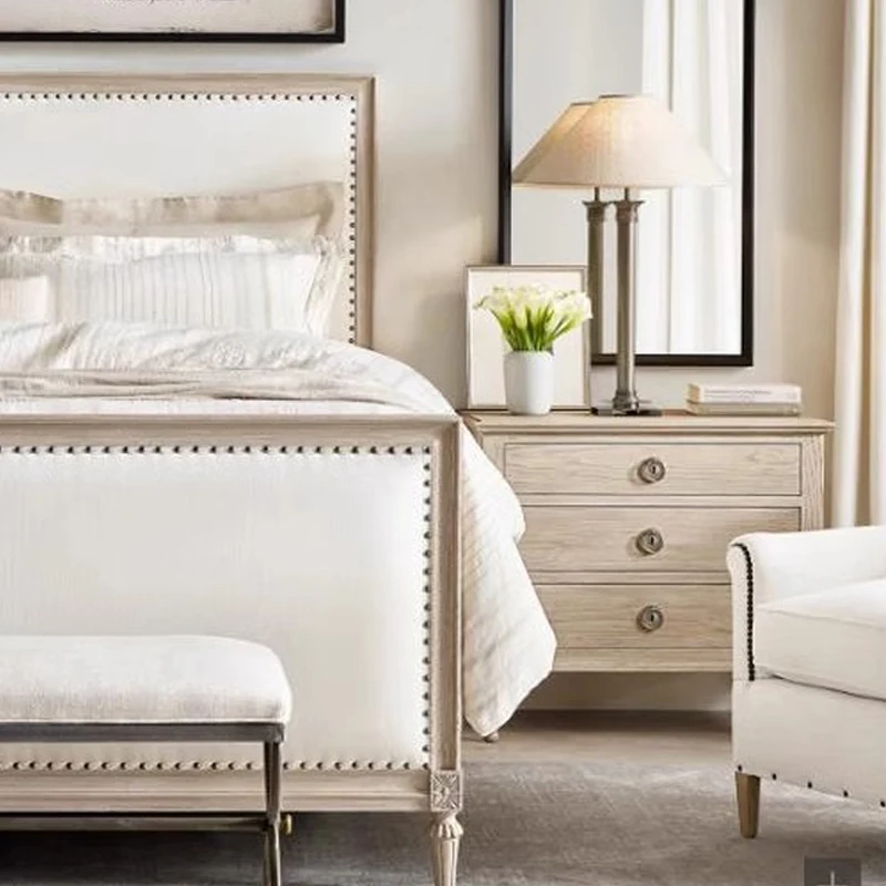 RH American solid wood nightstand vintage carved drawer locker Bedroom oak bedside cabinet three draw storage cabinet custom