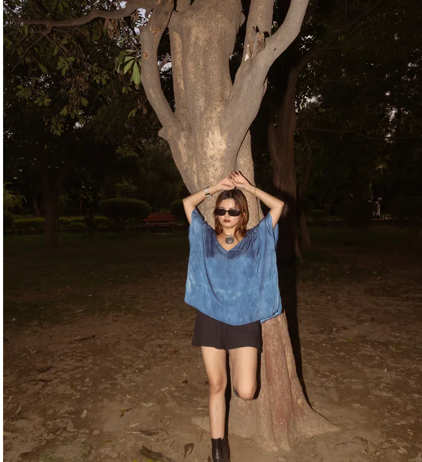 Ocean Blue Modal Flared Top Dyed With Natural Indigo Leaves Environmentally Friendly Product From Manufacturer