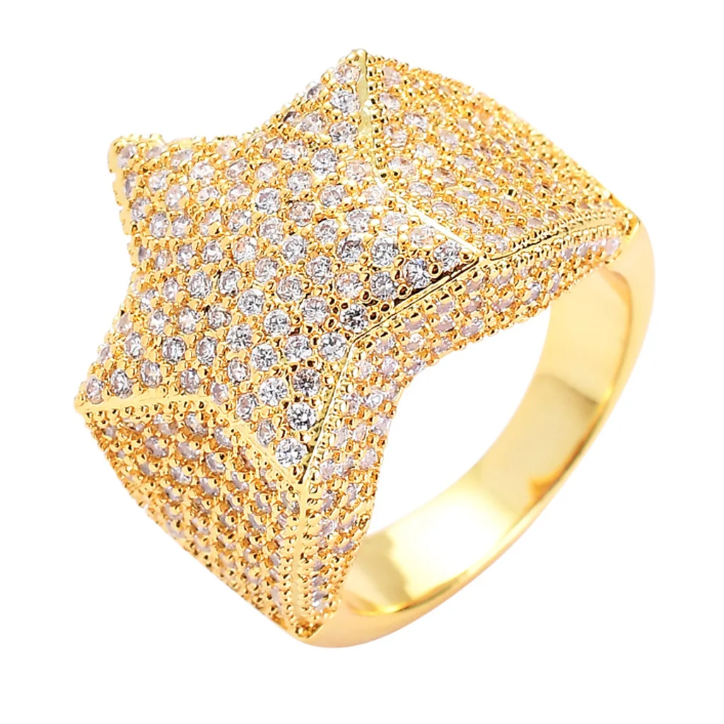 Big-name explosive five-pointed star zircon ring real gold electroplating micro-set zircon hip-hop men