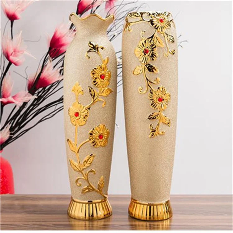 European Vase Decoration TV Cabinet Golden Flower Arrangement 60cm Floor Ceramic Vases