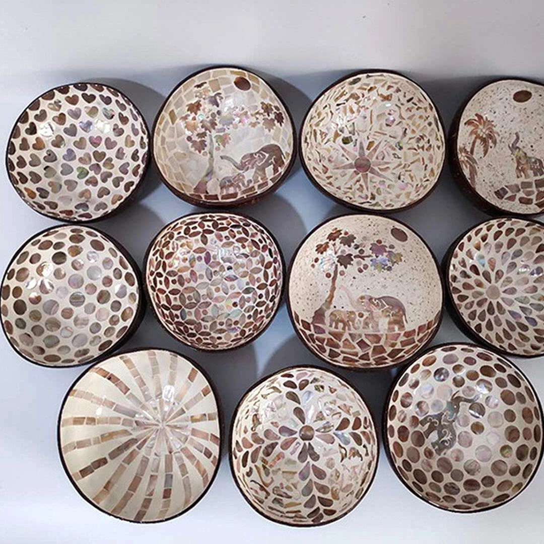 Mother of Pearl Natural Coconut Shell Bowl, Lacquer Coconut Bowl, Flower lacquer design coconut bowl