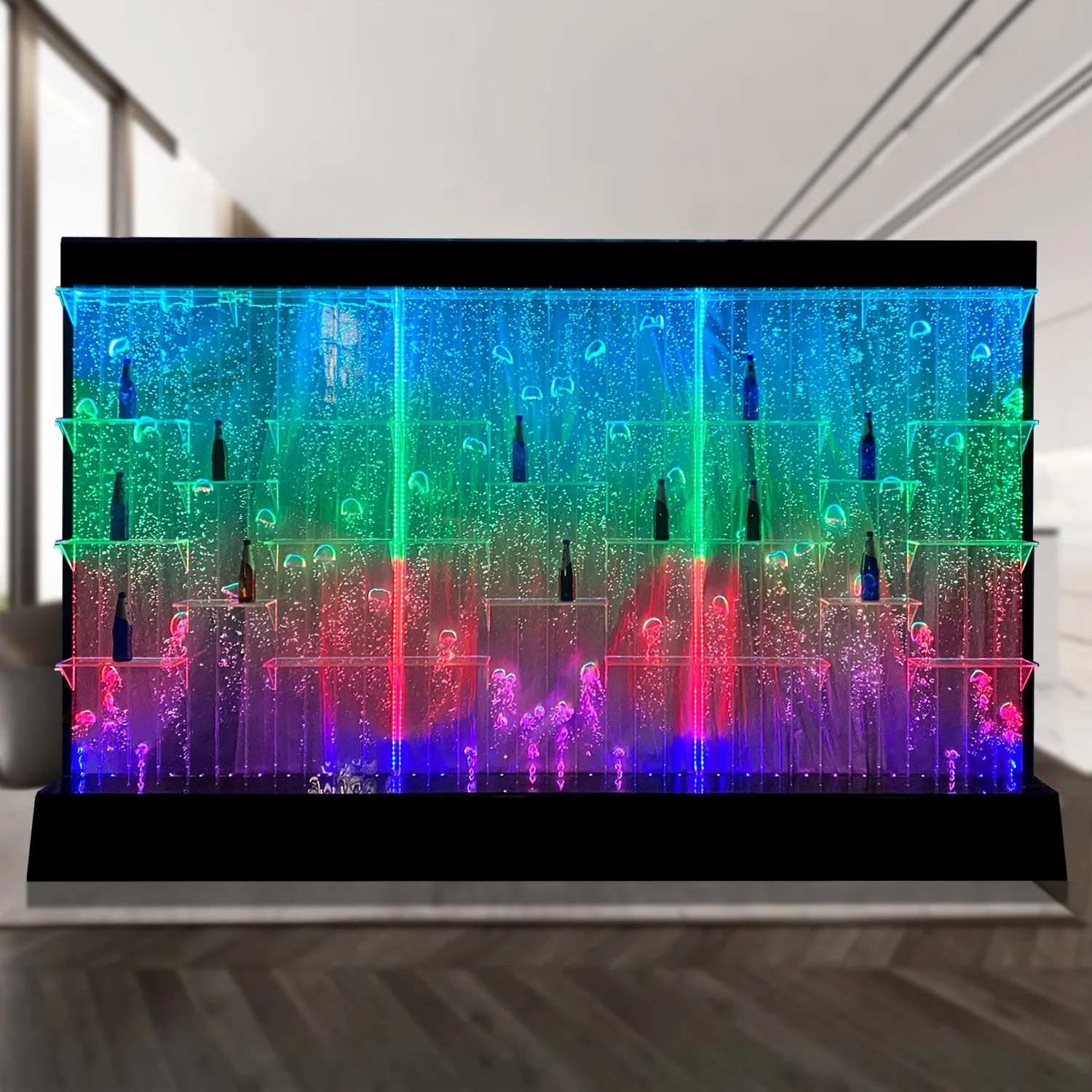Indoor fountain RGB color changing acrylic bubble water wall with liquor shelf display